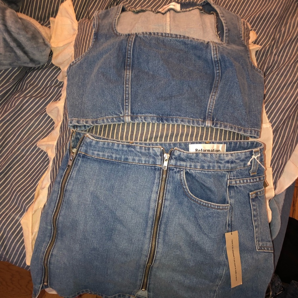 REFORMATION DENIM SKIRT AND CROP TOP SET